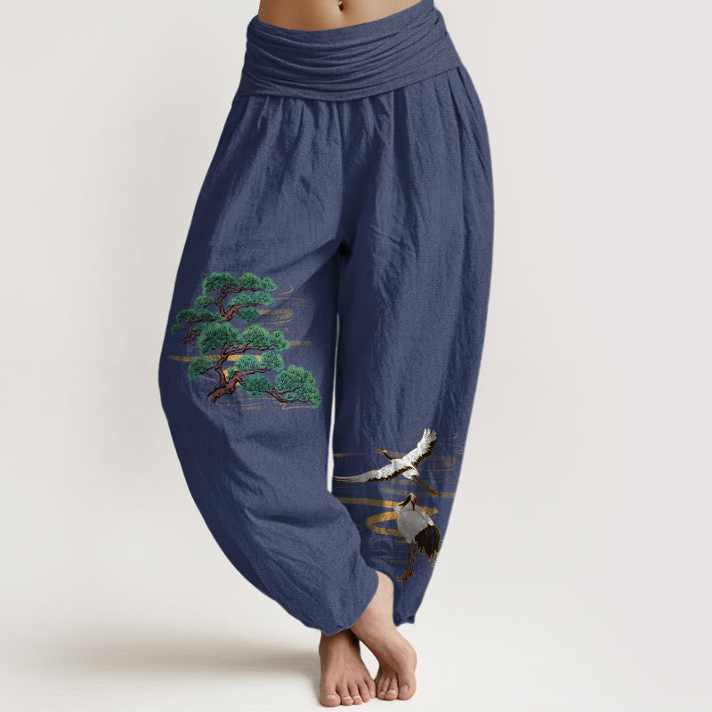 Nimara Ritual Pure Cotton Elegant Colors Pine Tree Crane Pattern Women's Elastic Waist Harem Pants