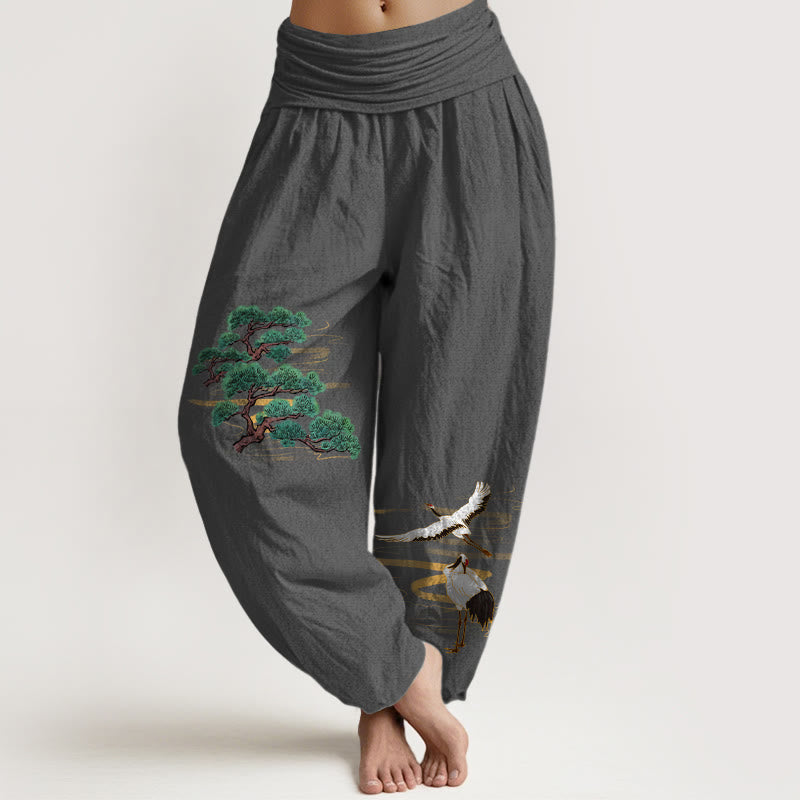 Nimara Ritual Pure Cotton Elegant Colors Pine Tree Crane Pattern Women's Elastic Waist Harem Pants