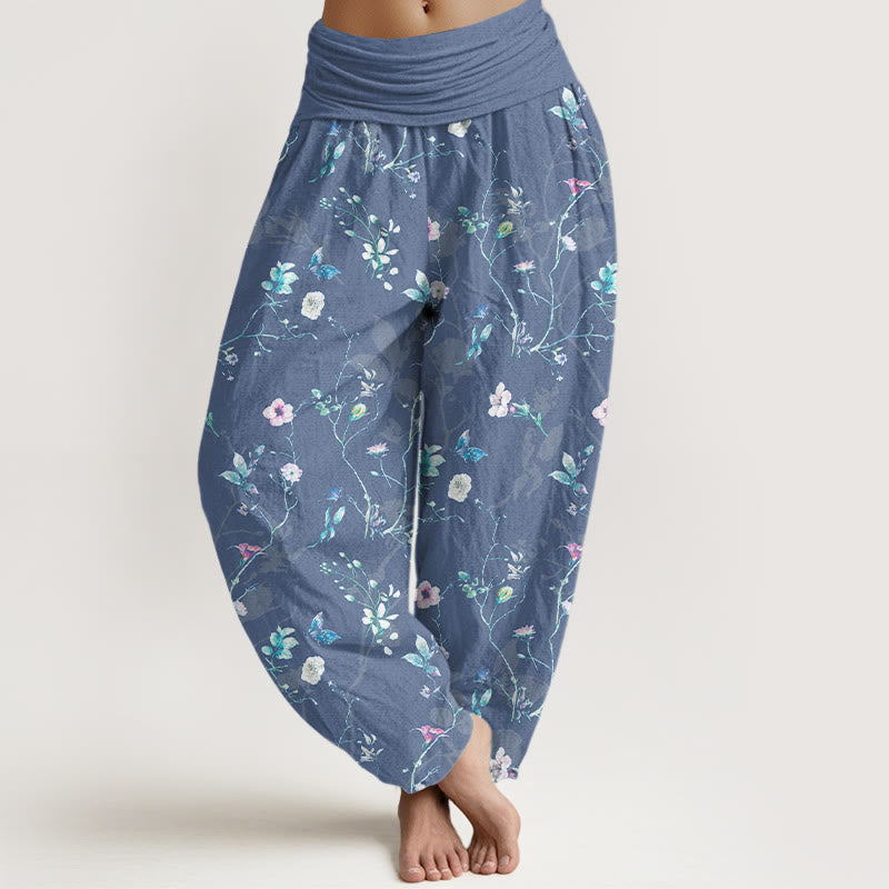 Nimara Ritual Pure Cotton Retro Flowers Leaves Branches Pattern Women's Elastic Waist Harem Pants