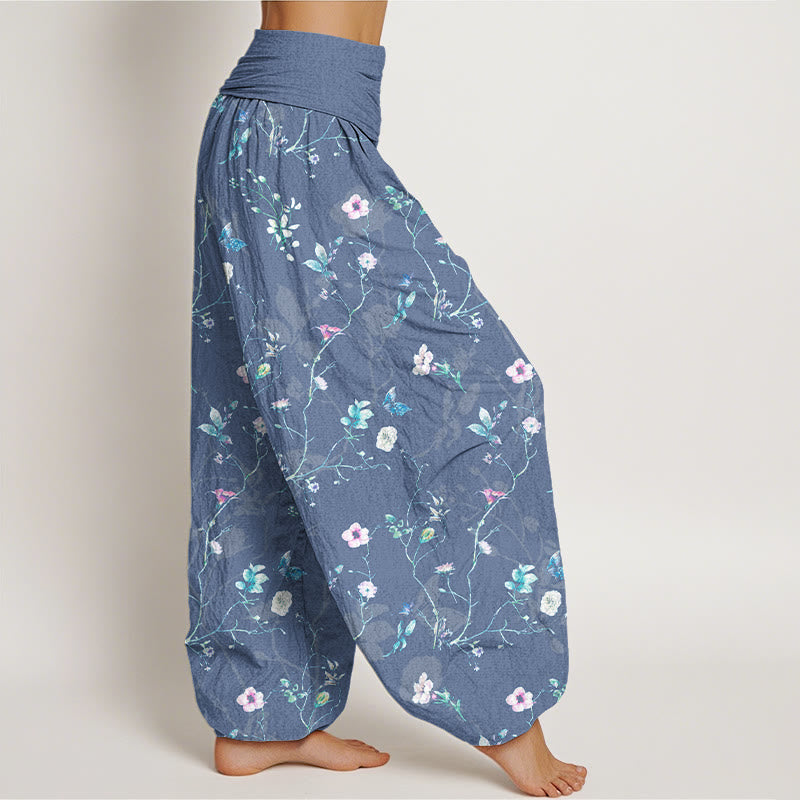 Nimara Ritual Pure Cotton Retro Flowers Leaves Branches Pattern Women's Elastic Waist Harem Pants