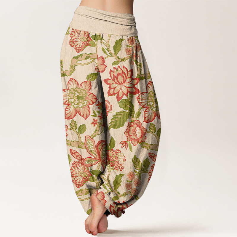 Nimara Ritual Pure Cotton Bold Colors Flowers Leaves Branches Bird Pattern Women's Elastic Waist Harem Pants