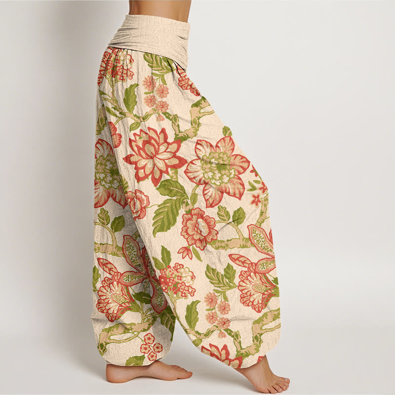 Nimara Ritual Pure Cotton Bold Colors Flowers Leaves Branches Bird Pattern Women's Elastic Waist Harem Pants