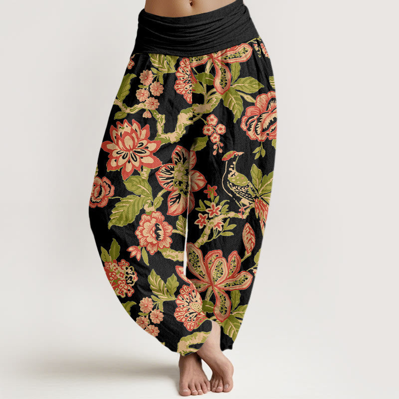 Nimara Ritual Pure Cotton Bold Colors Flowers Leaves Branches Bird Pattern Women's Elastic Waist Harem Pants