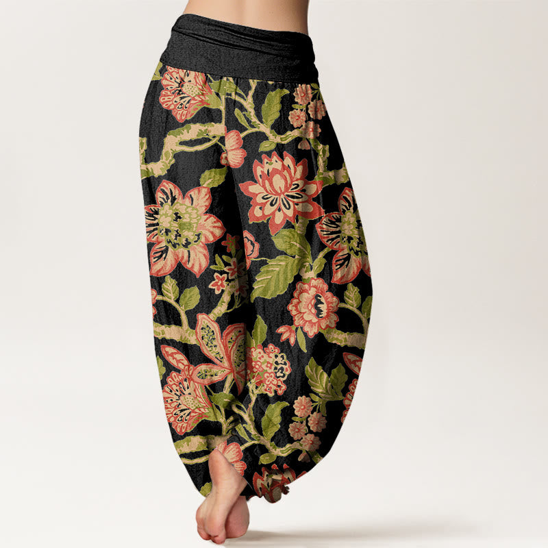 Nimara Ritual Pure Cotton Bold Colors Flowers Leaves Branches Bird Pattern Women's Elastic Waist Harem Pants