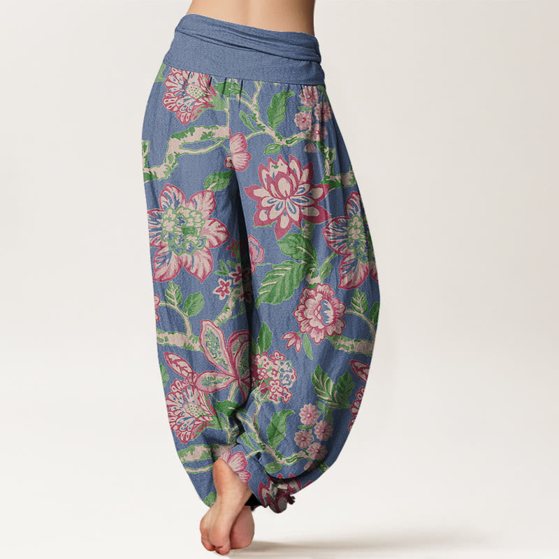 Nimara Ritual Pure Cotton Bold Colors Flowers Leaves Branches Bird Pattern Women's Elastic Waist Harem Pants