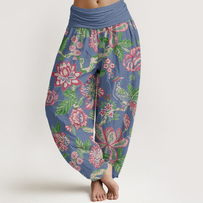 Nimara Ritual Pure Cotton Bold Colors Flowers Leaves Branches Bird Pattern Women's Elastic Waist Harem Pants