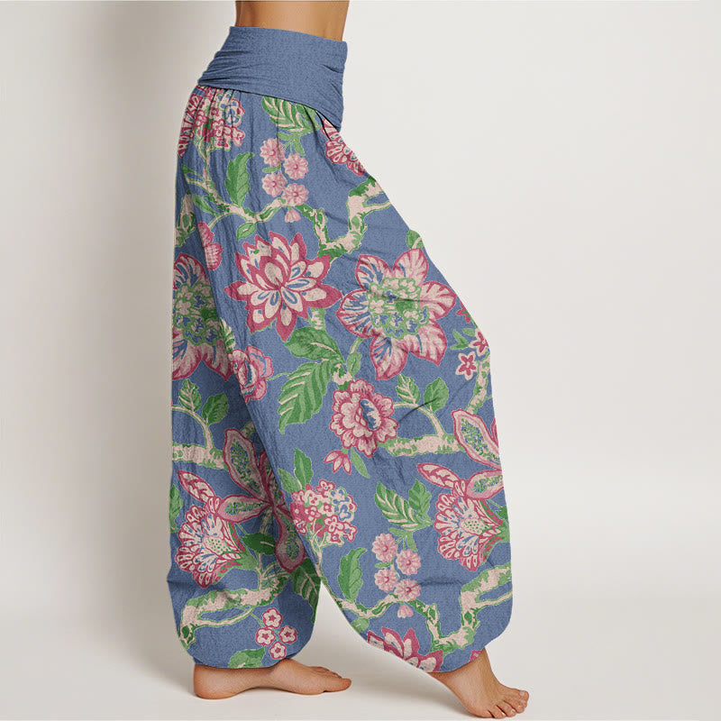 Nimara Ritual Pure Cotton Bold Colors Flowers Leaves Branches Bird Pattern Women's Elastic Waist Harem Pants