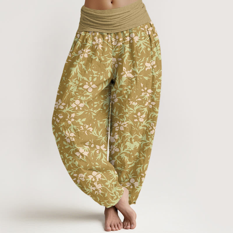 Nimara Ritual Pure Cotton Abstract Flowers Leaves Pattern Women's Elastic Waist Harem Pants