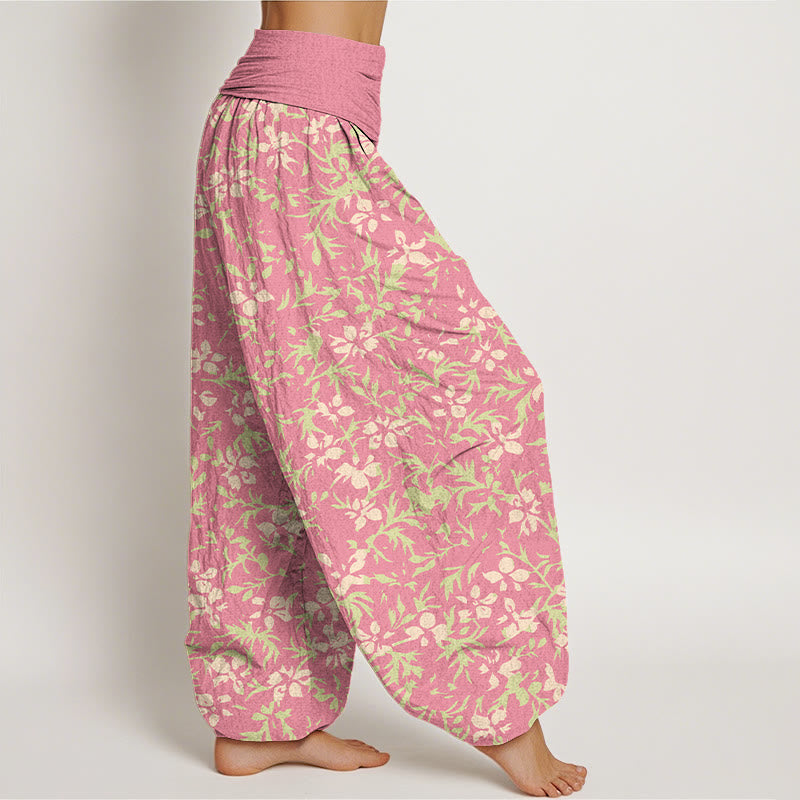 Nimara Ritual Pure Cotton Abstract Flowers Leaves Pattern Women's Elastic Waist Harem Pants