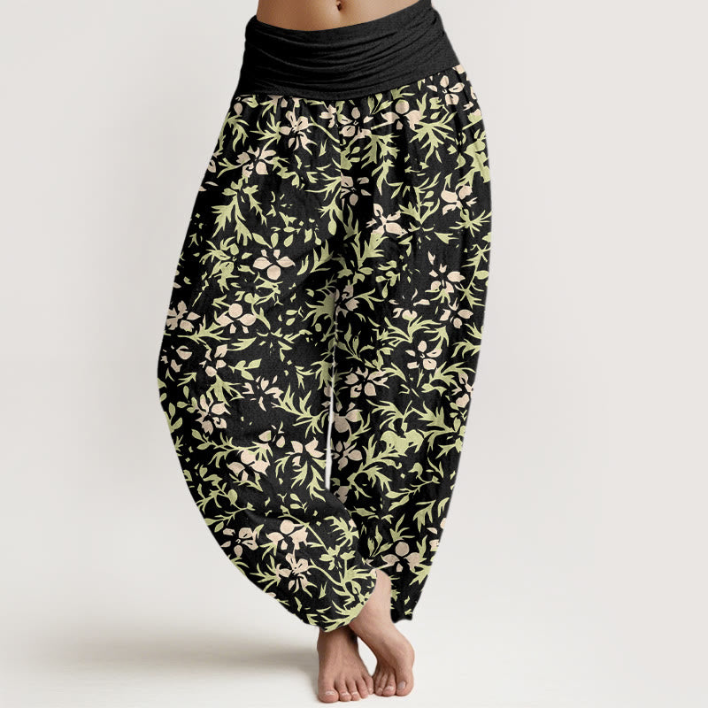 Nimara Ritual Pure Cotton Abstract Flowers Leaves Pattern Women's Elastic Waist Harem Pants