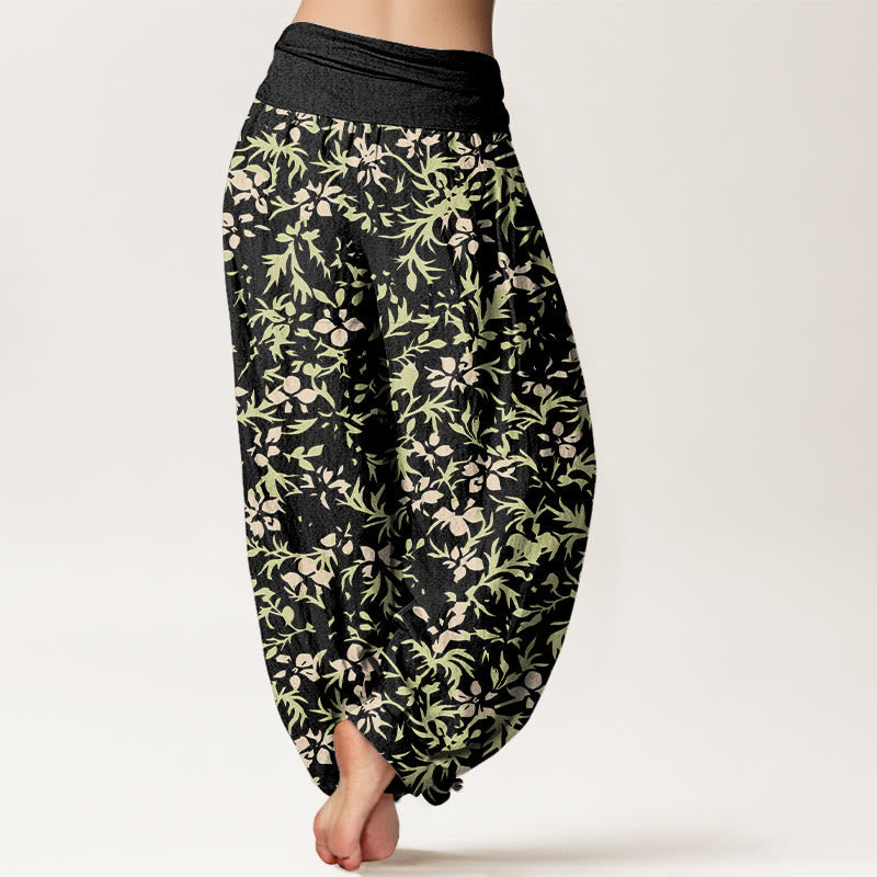 Nimara Ritual Pure Cotton Abstract Flowers Leaves Pattern Women's Elastic Waist Harem Pants