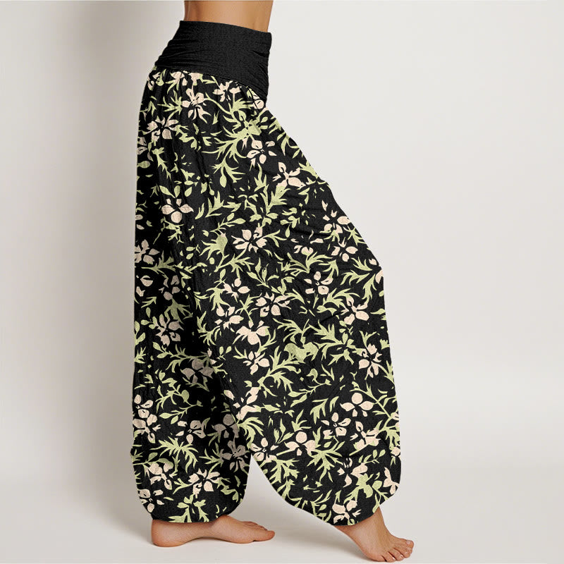 Nimara Ritual Pure Cotton Abstract Flowers Leaves Pattern Women's Elastic Waist Harem Pants