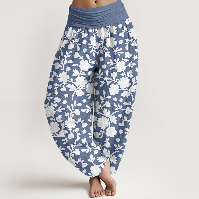 Nimara Ritual Pure Cotton White Flowers Leaves Stars Pattern Women's Elastic Waist Harem Pants