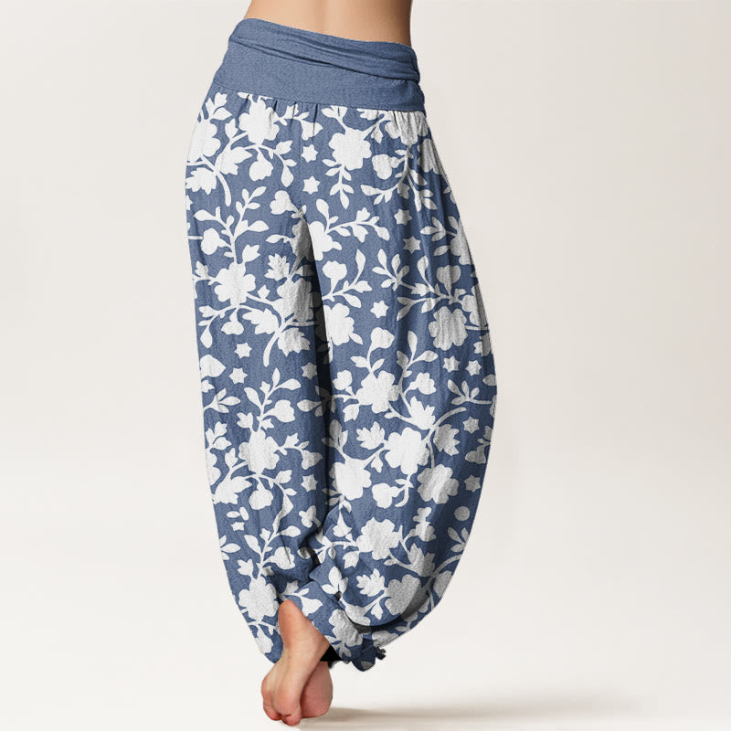 Nimara Ritual Pure Cotton White Flowers Leaves Stars Pattern Women's Elastic Waist Harem Pants