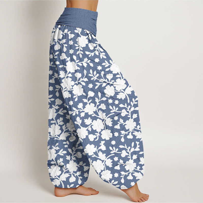 Nimara Ritual Pure Cotton White Flowers Leaves Stars Pattern Women's Elastic Waist Harem Pants