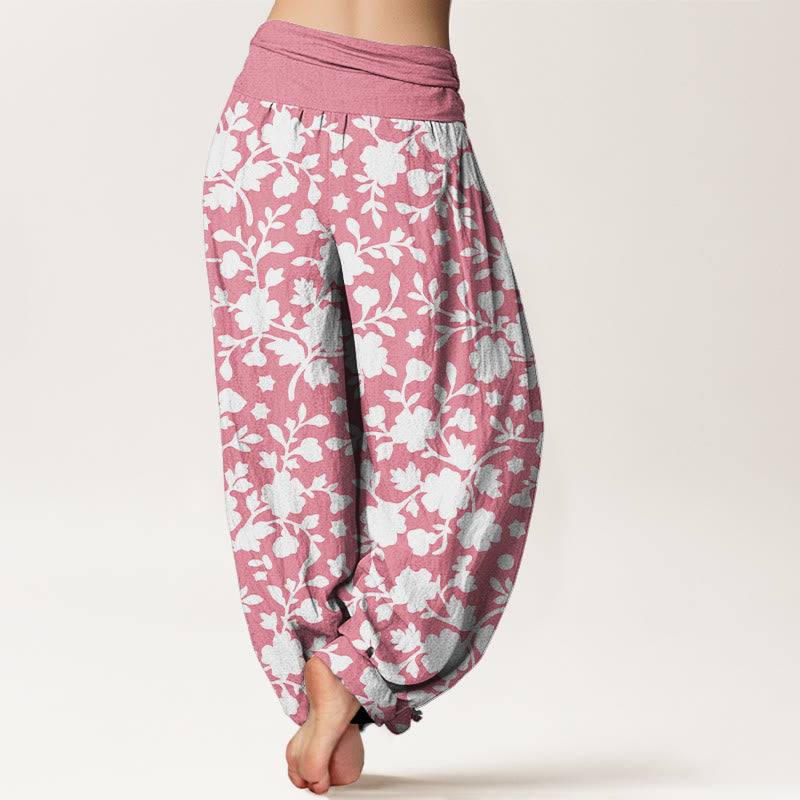 Nimara Ritual Pure Cotton White Flowers Leaves Stars Pattern Women's Elastic Waist Harem Pants