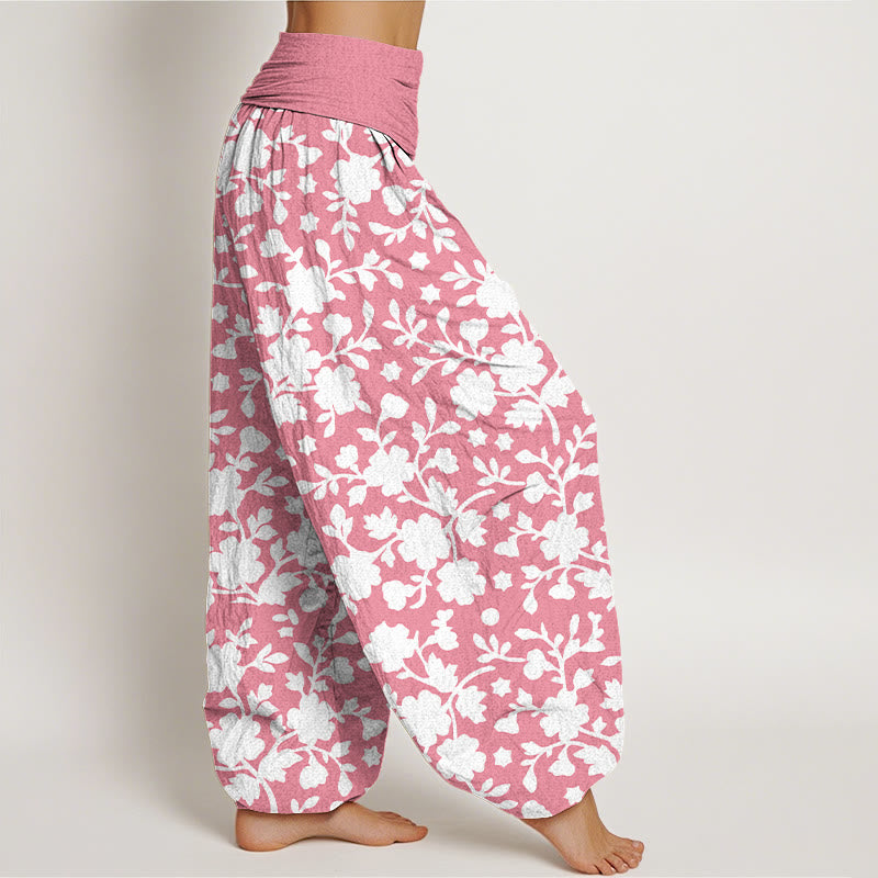 Nimara Ritual Pure Cotton White Flowers Leaves Stars Pattern Women's Elastic Waist Harem Pants