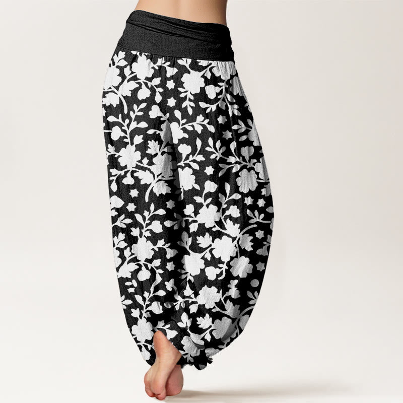 Nimara Ritual Pure Cotton White Flowers Leaves Stars Pattern Women's Elastic Waist Harem Pants