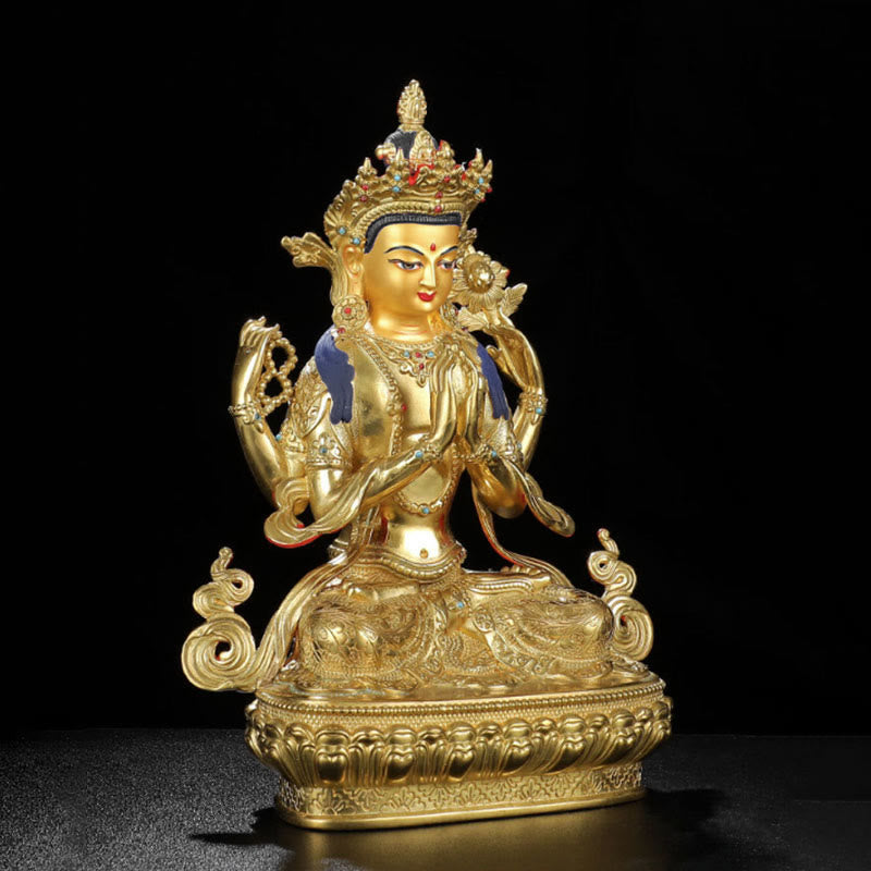 Nimara Ritual Chenrezig Four-armed Avalokitesvara Protection Copper Gold Plated Statue Decoration