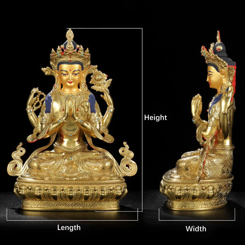 Nimara Ritual Chenrezig Four-armed Avalokitesvara Protection Copper Gold Plated Statue Decoration