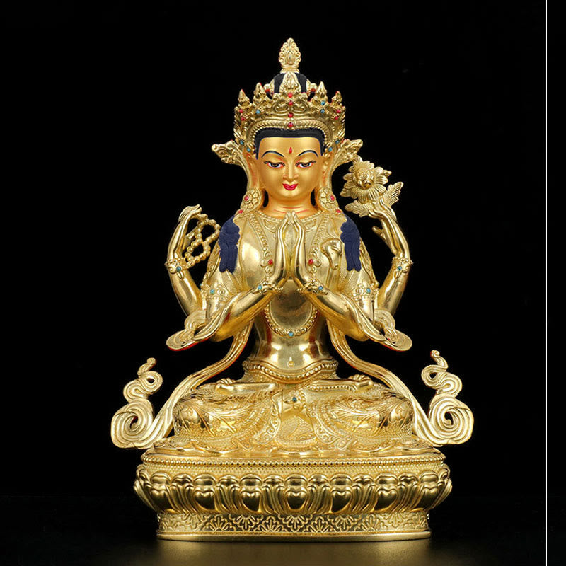 Nimara Ritual Chenrezig Four-armed Avalokitesvara Protection Copper Gold Plated Statue Decoration
