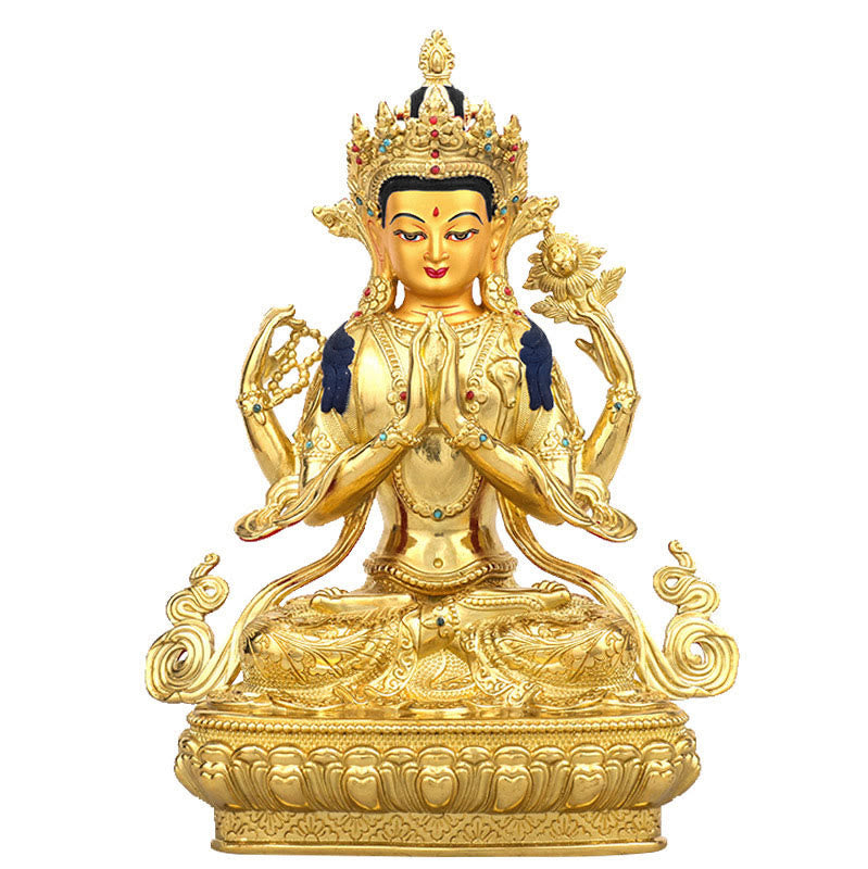 Nimara Ritual Chenrezig Four-armed Avalokitesvara Protection Copper Gold Plated Statue Decoration