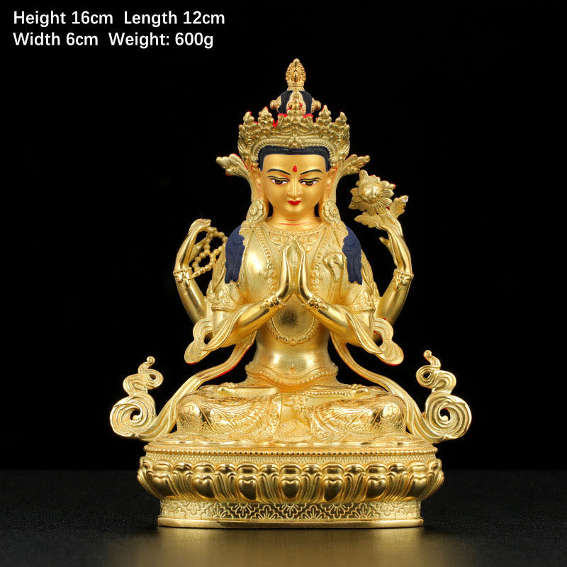 Nimara Ritual Chenrezig Four-armed Avalokitesvara Protection Copper Gold Plated Statue Decoration