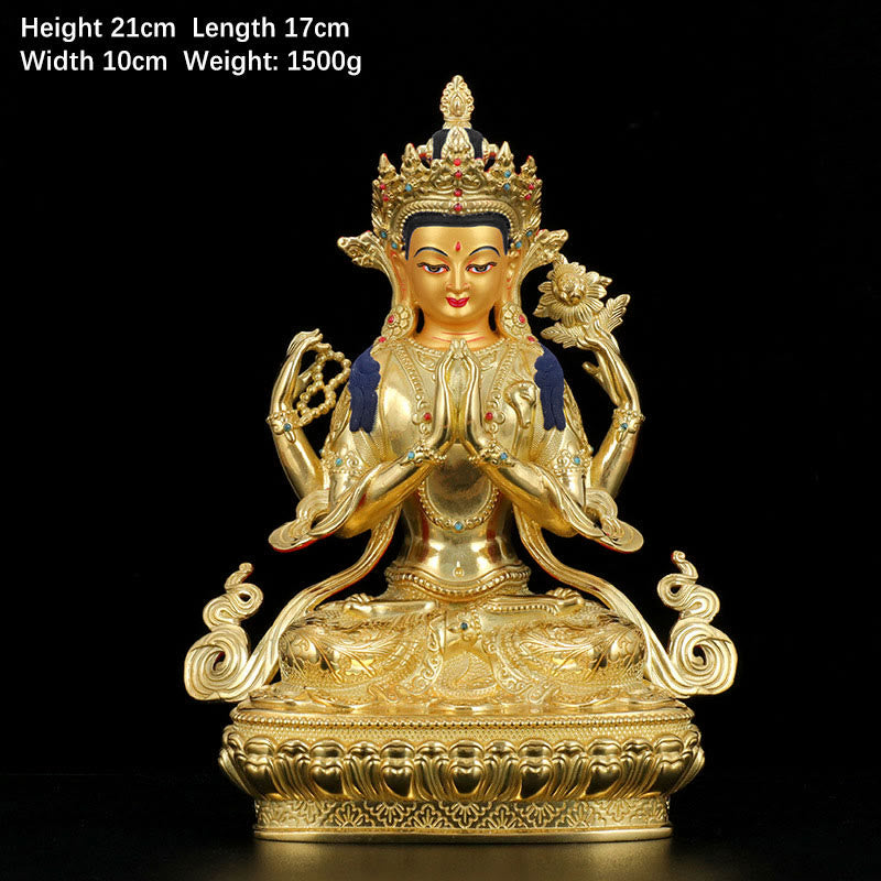 Nimara Ritual Chenrezig Four-armed Avalokitesvara Protection Copper Gold Plated Statue Decoration