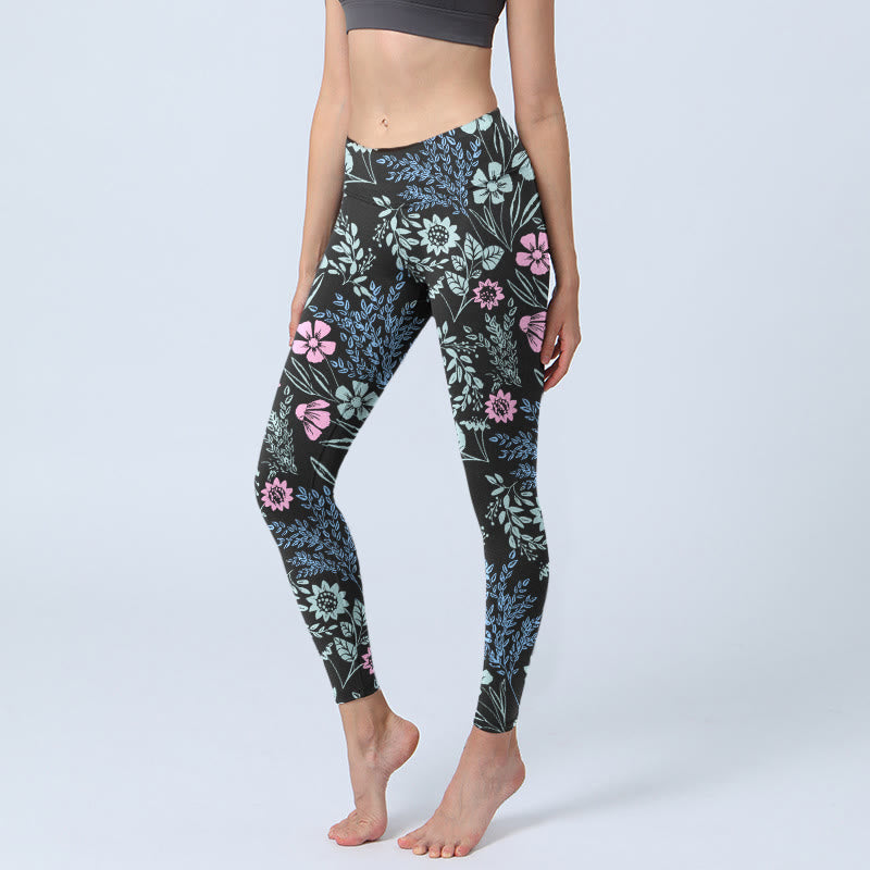 Nimara Ritual Bold Color Contrast Flower Leaf Pattern Print Gym Leggings Women's Yoga Pants