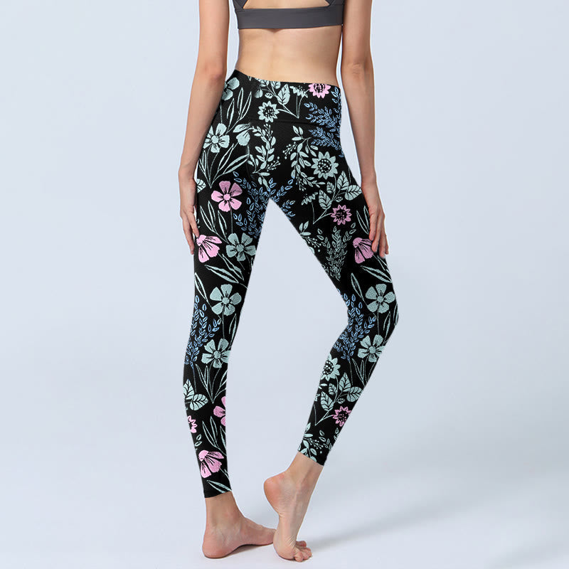 Nimara Ritual Bold Color Contrast Flower Leaf Pattern Print Gym Leggings Women's Yoga Pants