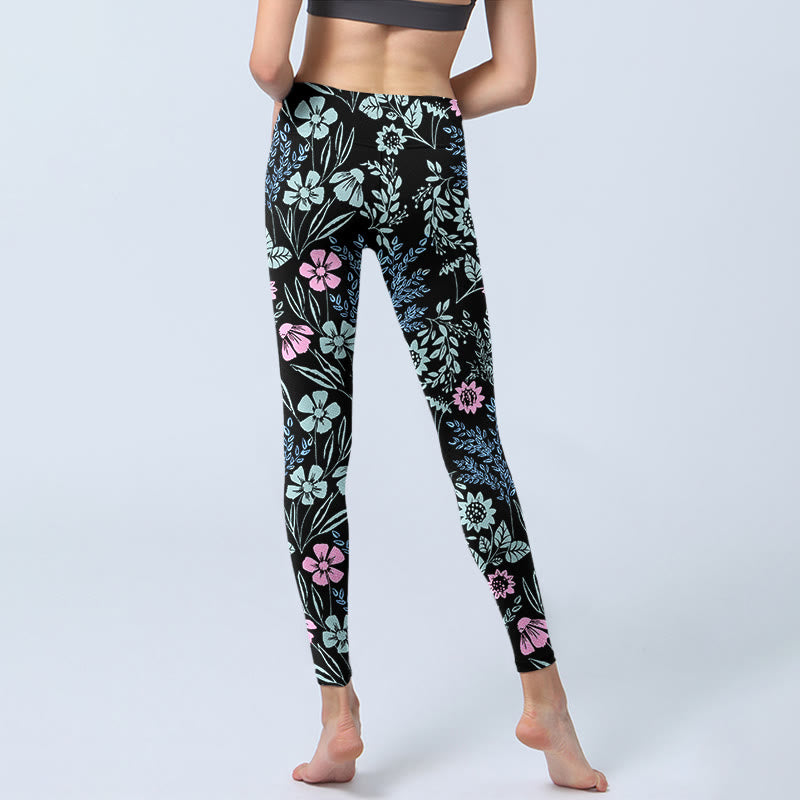 Nimara Ritual Bold Color Contrast Flower Leaf Pattern Print Gym Leggings Women's Yoga Pants