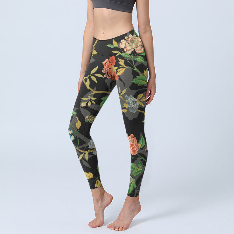 Nimara Ritual Classical Flower Leaf Butterfly Bird Pattern Print Gym Leggings Women's Yoga Pants