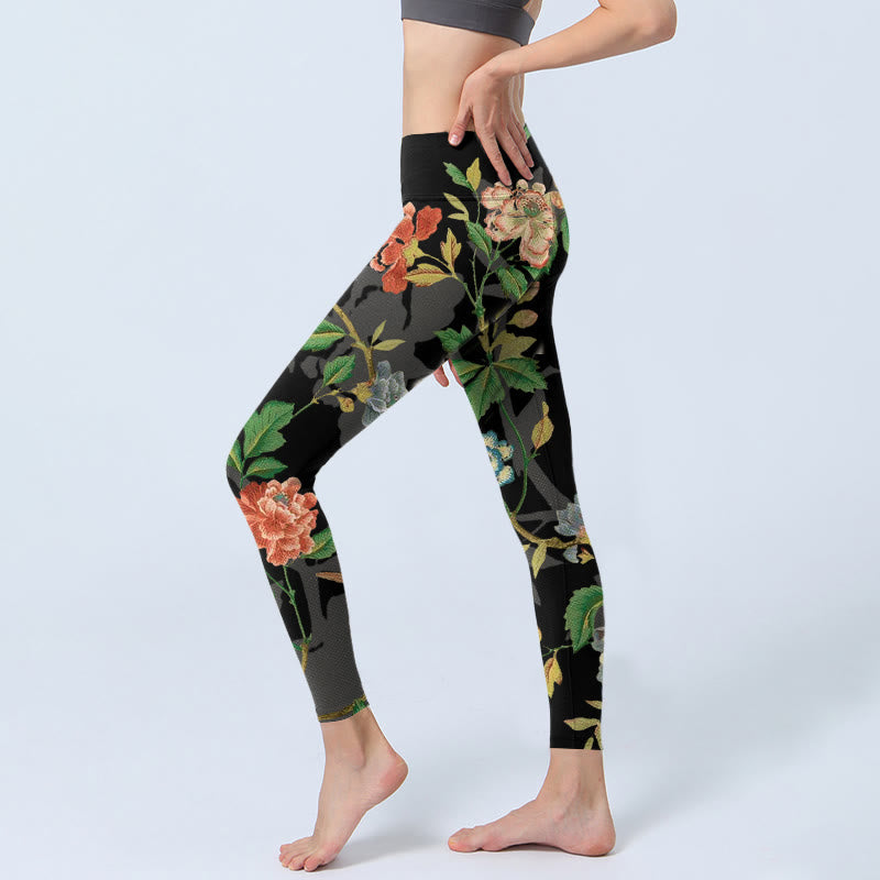 Nimara Ritual Classical Flower Leaf Butterfly Bird Pattern Print Gym Leggings Women's Yoga Pants