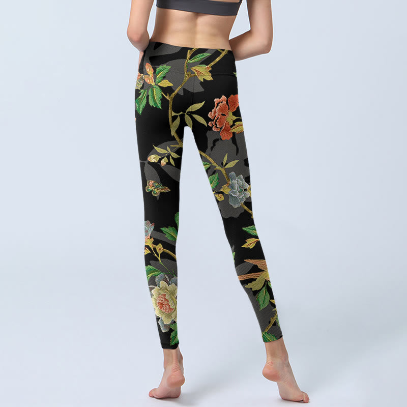 Nimara Ritual Classical Flower Leaf Butterfly Bird Pattern Print Gym Leggings Women's Yoga Pants