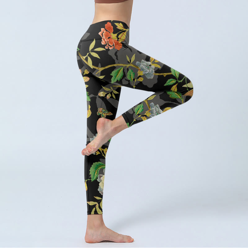 Nimara Ritual Classical Flower Leaf Butterfly Bird Pattern Print Gym Leggings Women's Yoga Pants