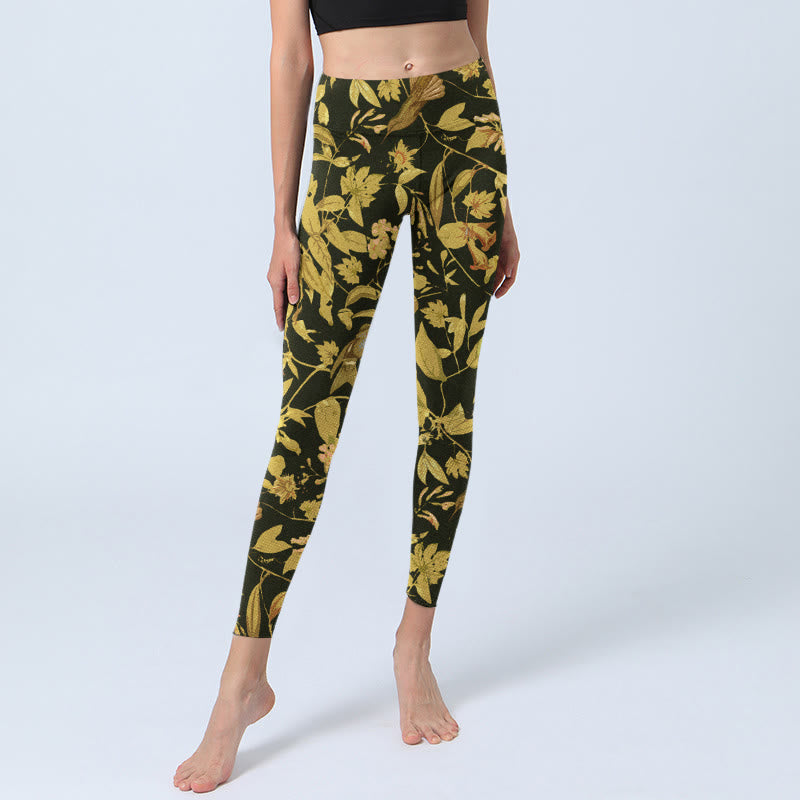 Nimara Ritual Luxurious Flower Leaf Bird Pattern Print Gym Leggings Women's Yoga Pants
