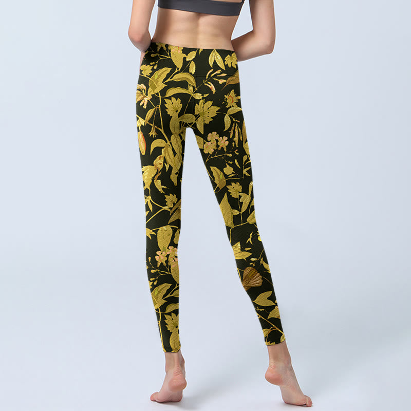 Nimara Ritual Luxurious Flower Leaf Bird Pattern Print Gym Leggings Women's Yoga Pants