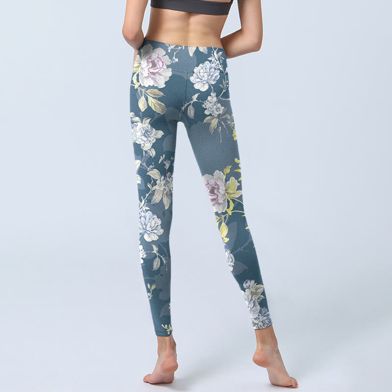 Nimara Ritual Softly Colored Flower Leaf Pattern Print Gym Leggings Women's Yoga Pants