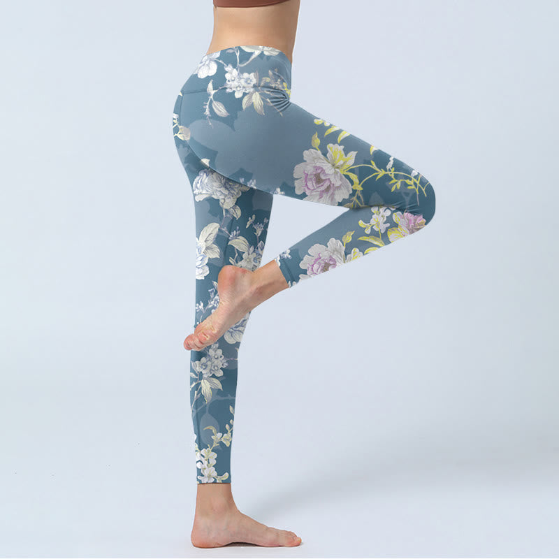 Nimara Ritual Softly Colored Flower Leaf Pattern Print Gym Leggings Women's Yoga Pants