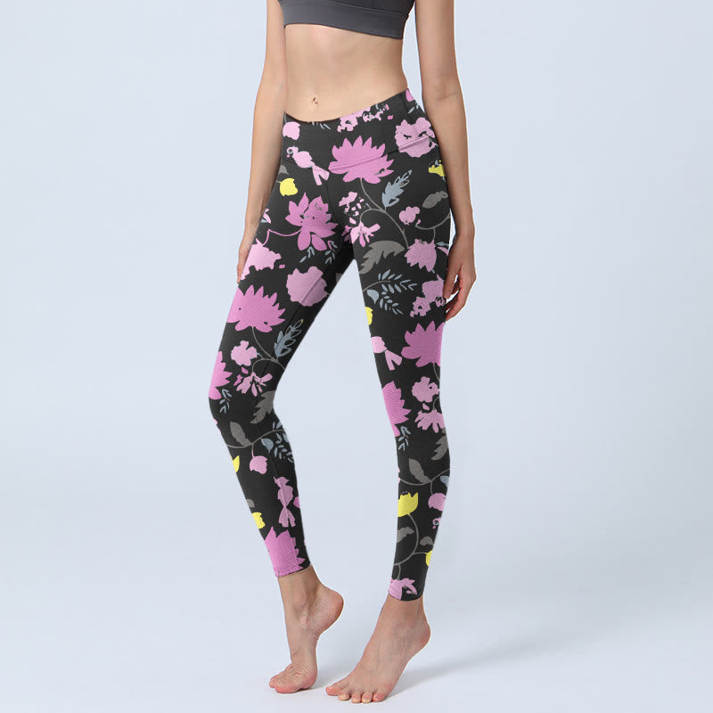 Nimara Ritual Watercolor Style Softly Colored Flower Leaf Pattern Print Gym Leggings Women's Yoga Pants