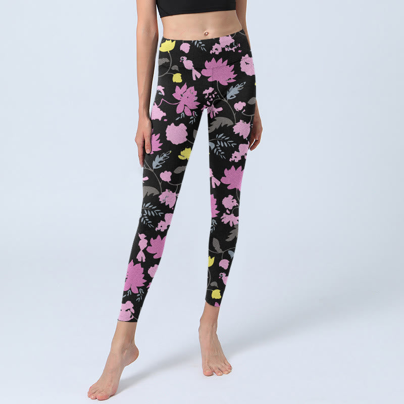 Nimara Ritual Watercolor Style Softly Colored Flower Leaf Pattern Print Gym Leggings Women's Yoga Pants