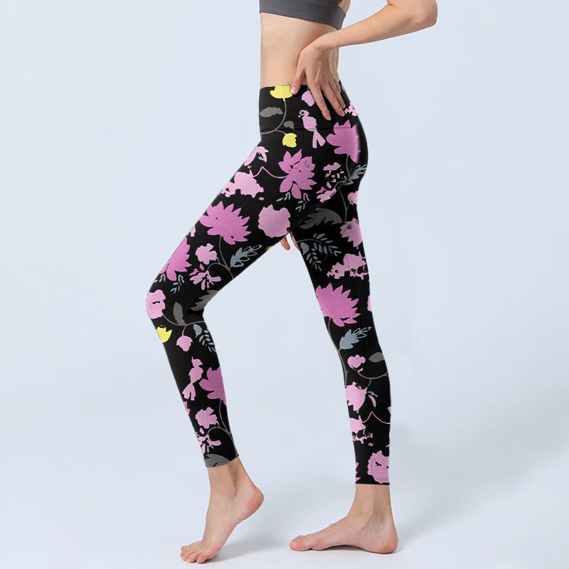 Nimara Ritual Watercolor Style Softly Colored Flower Leaf Pattern Print Gym Leggings Women's Yoga Pants