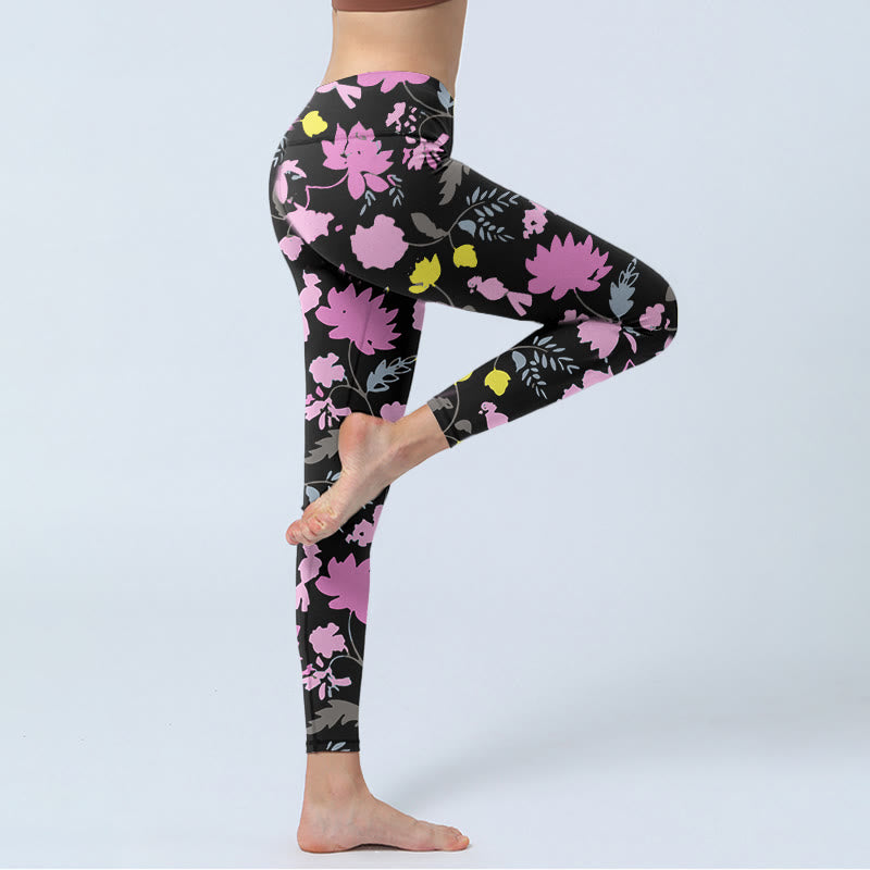 Nimara Ritual Watercolor Style Softly Colored Flower Leaf Pattern Print Gym Leggings Women's Yoga Pants