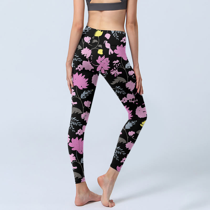 Nimara Ritual Watercolor Style Softly Colored Flower Leaf Pattern Print Gym Leggings Women's Yoga Pants