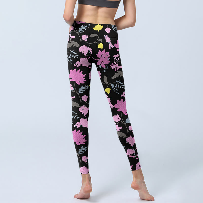Nimara Ritual Watercolor Style Softly Colored Flower Leaf Pattern Print Gym Leggings Women's Yoga Pants