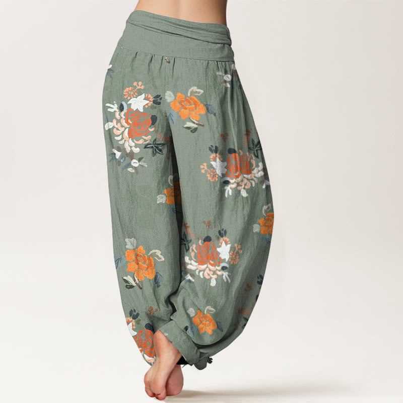 Nimara Ritual Pure Cotton Vibrant Color Flowers Leaves Pattern Women's Elastic Waist Harem Pants