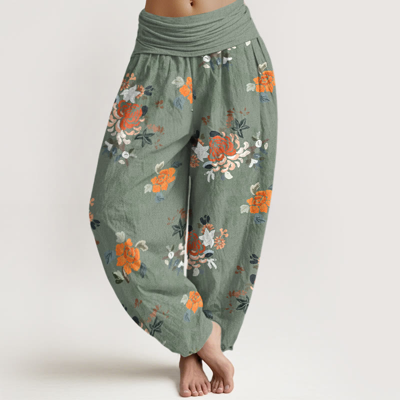 Nimara Ritual Pure Cotton Vibrant Color Flowers Leaves Pattern Women's Elastic Waist Harem Pants