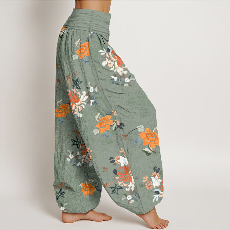 Nimara Ritual Pure Cotton Vibrant Color Flowers Leaves Pattern Women's Elastic Waist Harem Pants