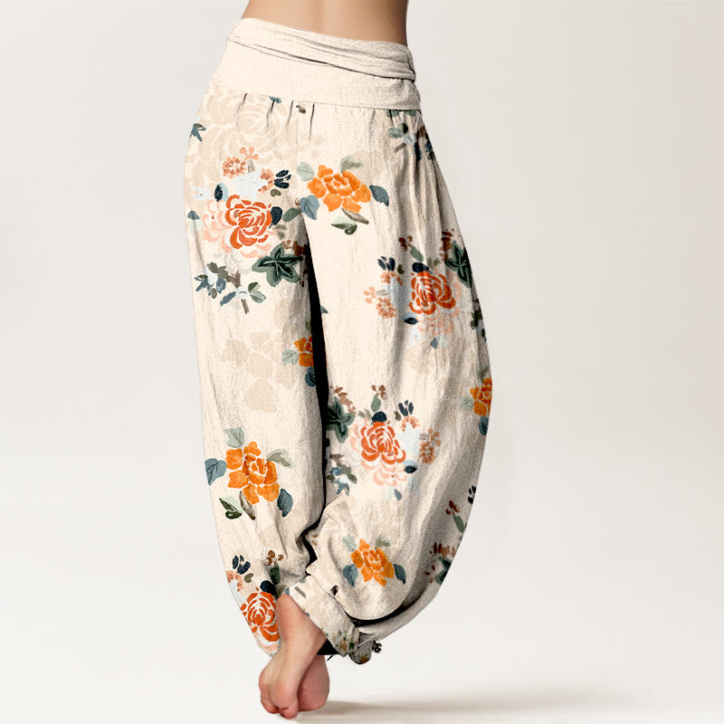 Nimara Ritual Pure Cotton Vibrant Color Flowers Leaves Pattern Women's Elastic Waist Harem Pants