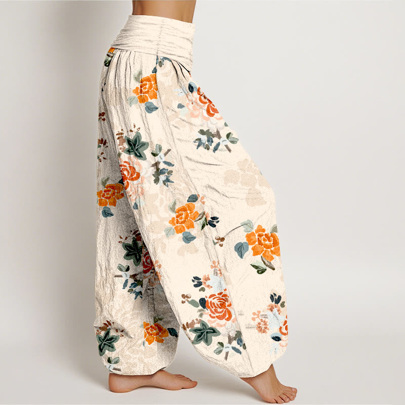 Nimara Ritual Pure Cotton Vibrant Color Flowers Leaves Pattern Women's Elastic Waist Harem Pants